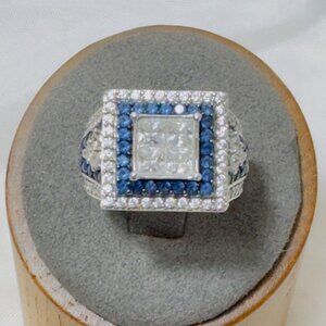 Sterling Silver 925 CZ & Synthetic Sapphire Signet Style Square Top Ring Size 7